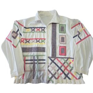 Vintage Windbreaker Jacket Patchwork Ribbon Pastel Geometric XL‎ White Retro 90s
